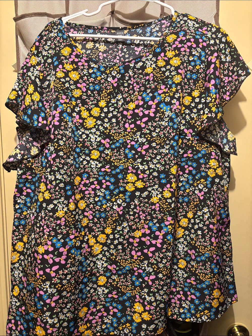 SHEIN Black Floral Flutter Sleeve Blouse with Yellow, Pink & Blue Flowers